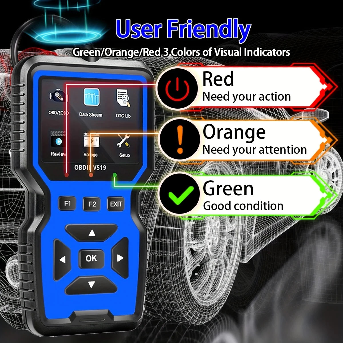 V519 Professional OBD2 Scanner powered, real-time data diagnostic tool for checking engine lights in most cars