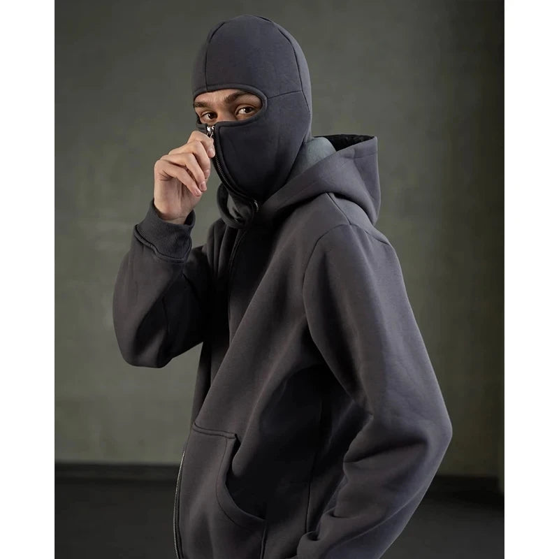 Balaclava Fashion Personality Hoodie Men Soild Color Double Layer Hooded Pullover Sweatshirt Y2k Retro Hip Hop Winter Streetwear