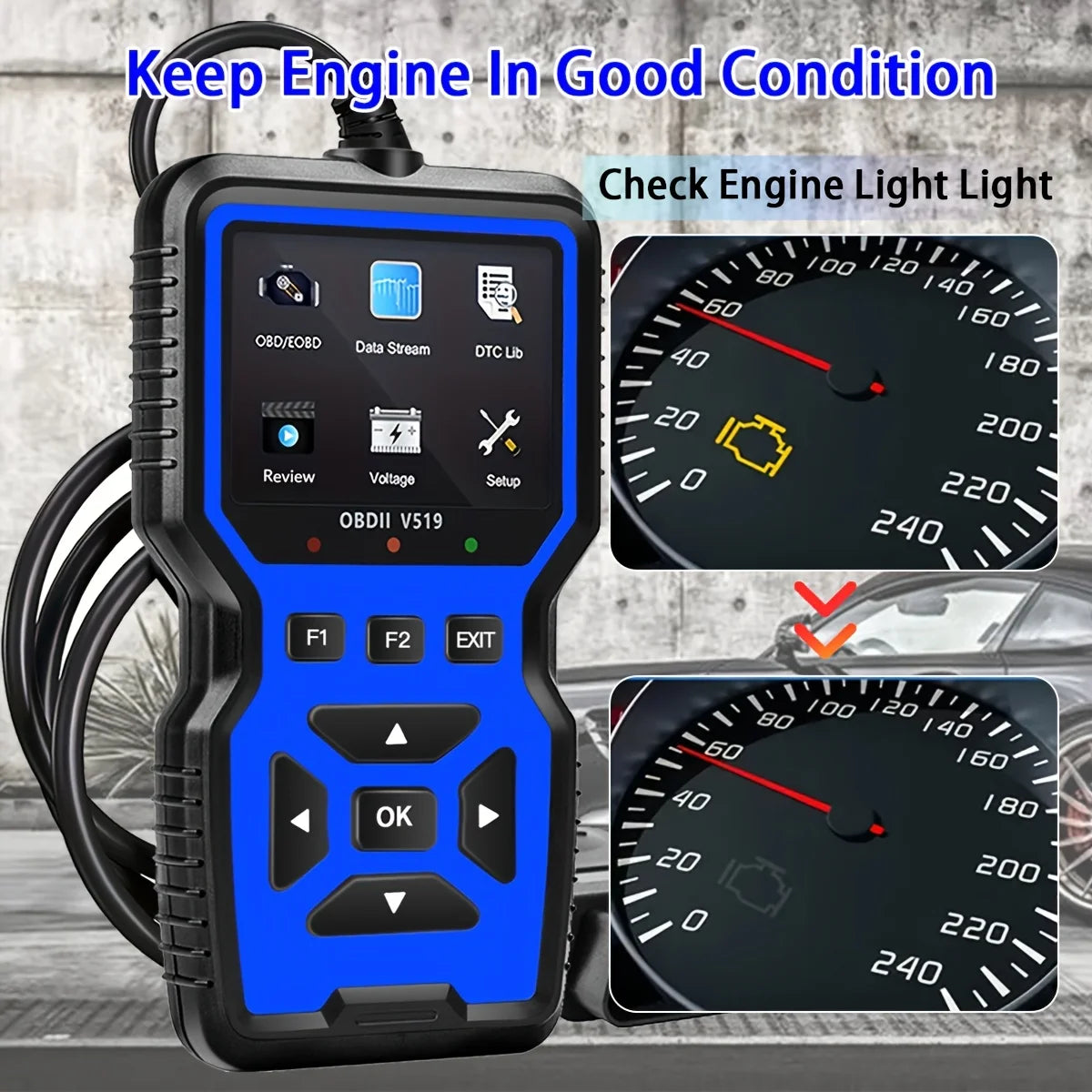 V519 Professional OBD2 Scanner powered, real-time data diagnostic tool for checking engine lights in most cars
