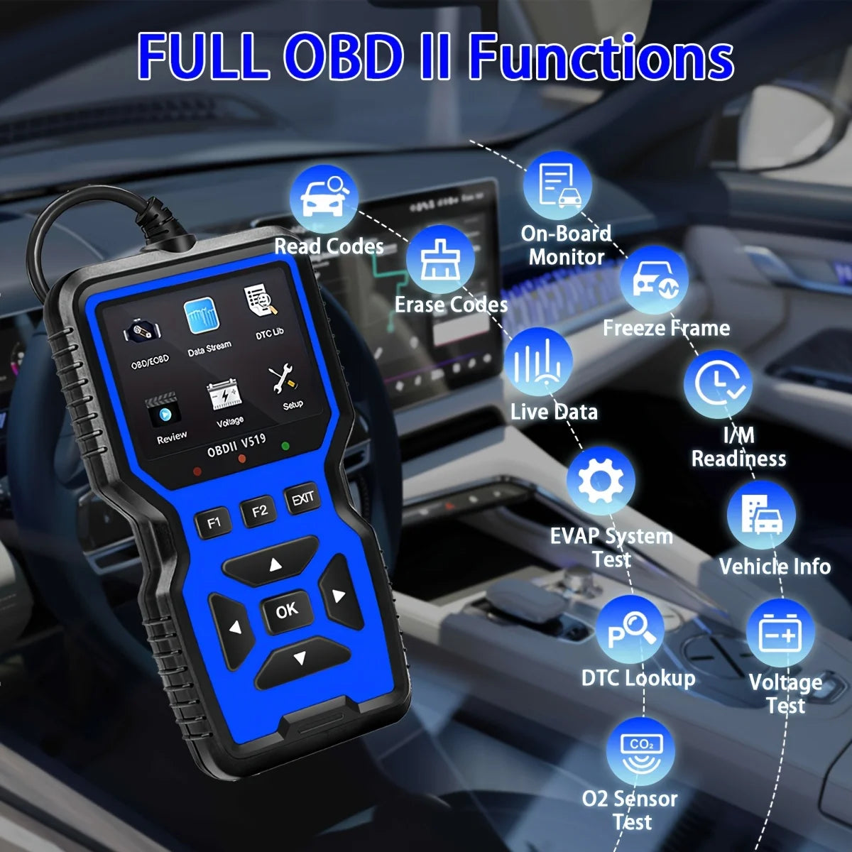V519 Professional OBD2 Scanner powered, real-time data diagnostic tool for checking engine lights in most cars