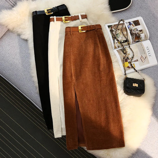 Women Vintage High Waist Corduroy Skirts With Belt Solid Color Autumn Winter Sexy Bodycon Skirts Side Slit A-Line Long Skirts