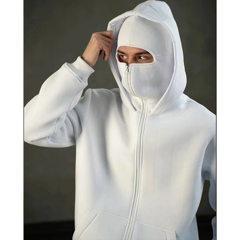 Balaclava Fashion Personality Hoodie Men Soild Color Double Layer Hooded Pullover Sweatshirt Y2k Retro Hip Hop Winter Streetwear