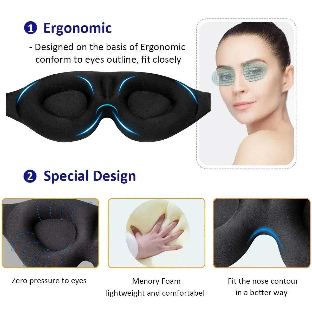 3D Sleep Mask Contoured Cup Blindfold Concave Molded Night Eye Mask Block Out Light with Women Men