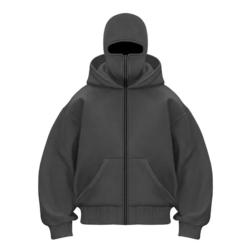 Balaclava Fashion Personality Hoodie Men Soild Color Double Layer Hooded Pullover Sweatshirt Y2k Retro Hip Hop Winter Streetwear