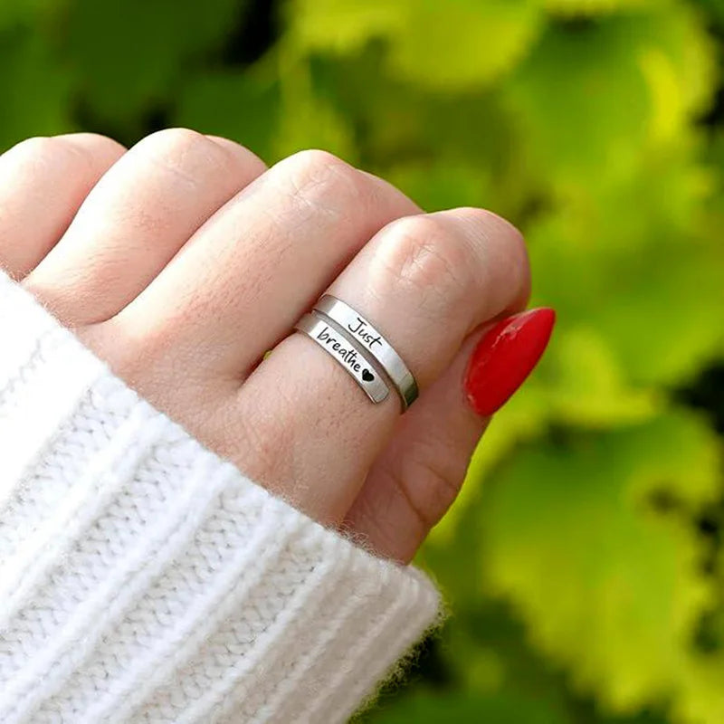 Fashion Stainless Steel Just Breathe Wrap Ring With Inspirational Card Relieve Anxiety Rings For Women