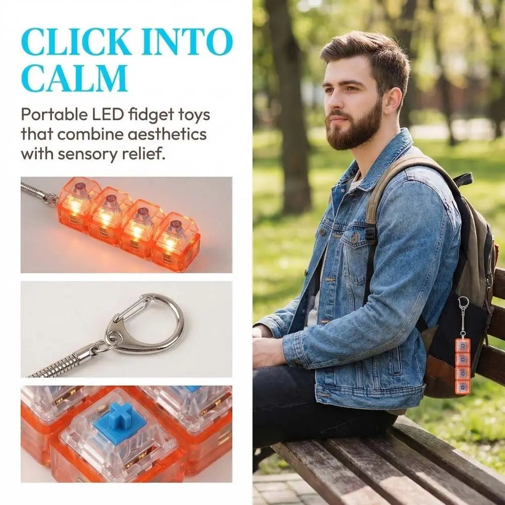 Funny Crystal Keycap Pendant Luminous Light Fidget Keyboard with LED Transparent Shaft 4 Keys Design