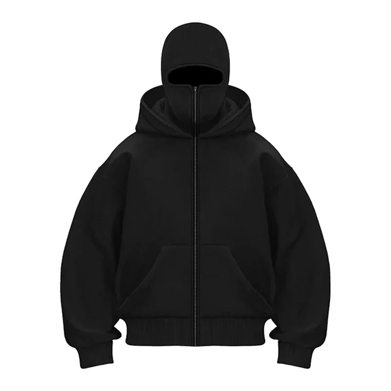 Balaclava Fashion Personality Hoodie Men Soild Color Double Layer Hooded Pullover Sweatshirt Y2k Retro Hip Hop Winter Streetwear