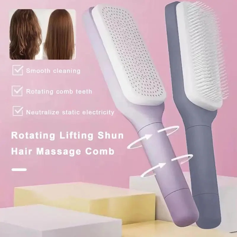 Rotating Comb Long Handle Anti-static Scalp Massage Hair Comb for Women Self Hair Brush with Retractable Comb Hairdressing Tool