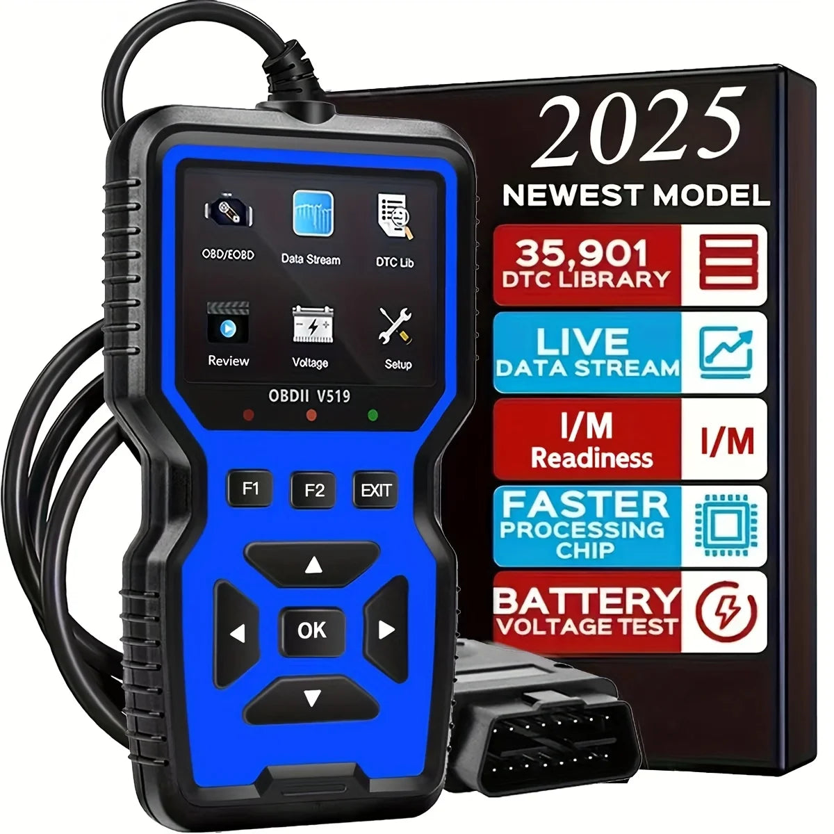 V519 Professional OBD2 Scanner powered, real-time data diagnostic tool for checking engine lights in most cars