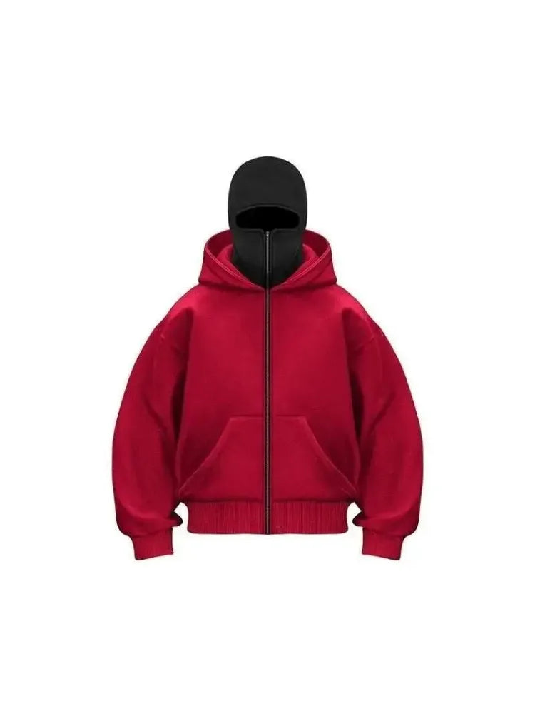 Balaclava Fashion Personality Hoodie Men Soild Color Double Layer Hooded Pullover Sweatshirt Y2k Retro Hip Hop Winter Streetwear